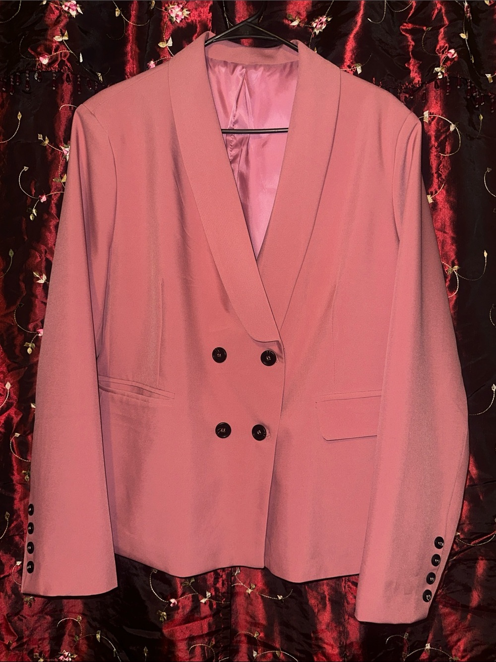 Women's Rose Pink long sleeve Double-Breasted Shawl Collar Blazer